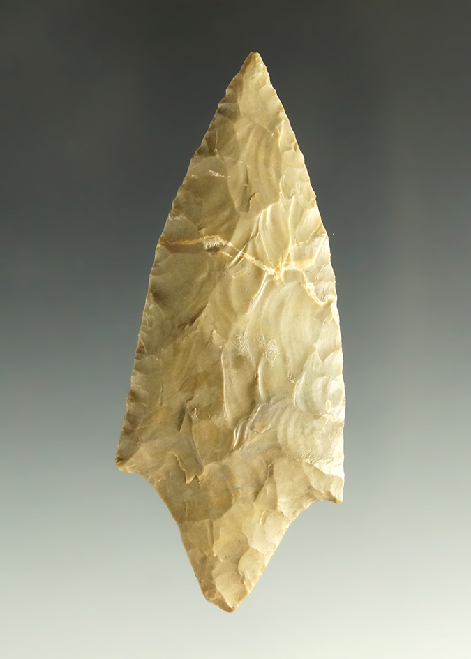2 7/8" Loftin  made from Boone chert, typed by Perino as a Tablerock pointed stem. COA.