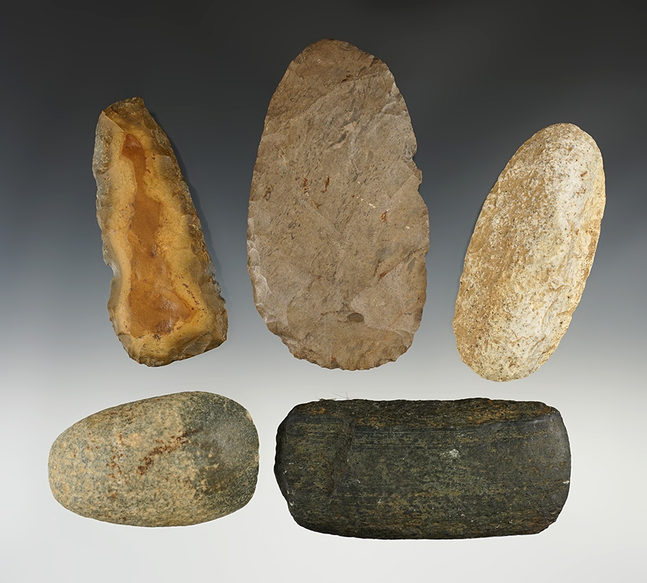 Set of 5 Stone and Flint Celts found in the Midwestern U.S. The largest is 4 3/4".
