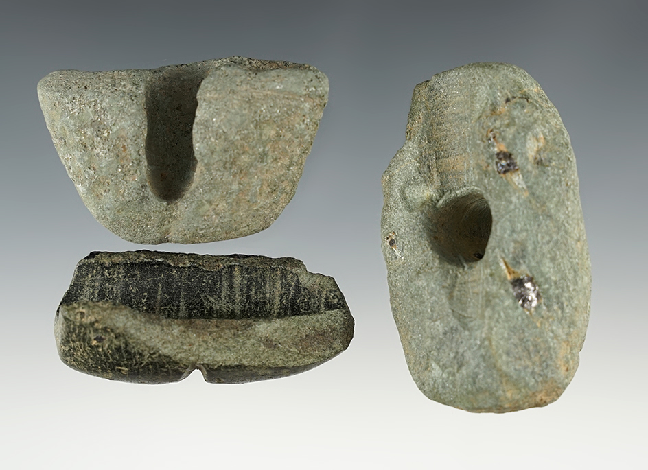 Set of 3 Bannerstones: 2 are salvaged and one was never finished. Found in the Eastern U.S.