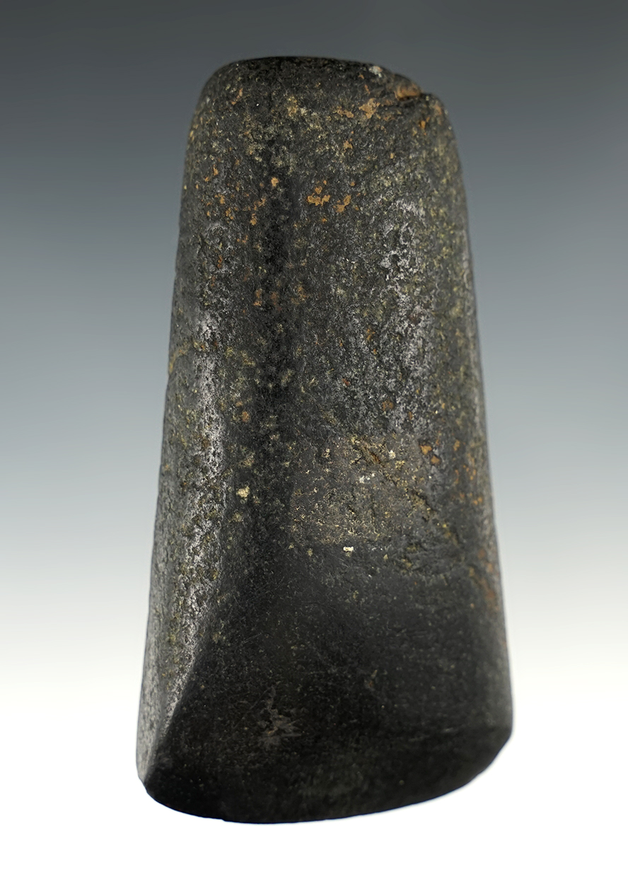 3 7/8" Black Diorite Celt with a sharp bit. Found by Don Beer in 1976 in Coshocton Co., Ohio.