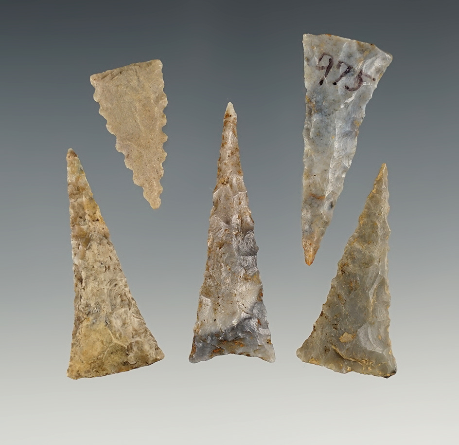 Set of 5 finely made Kentucky/Tennessee Triangle points in excellent condition.