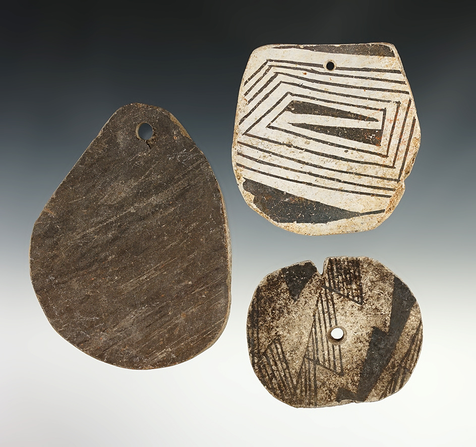 Set of 3 nice drilled New Mexico Pottery Pendants. The largest is 4 1/8".