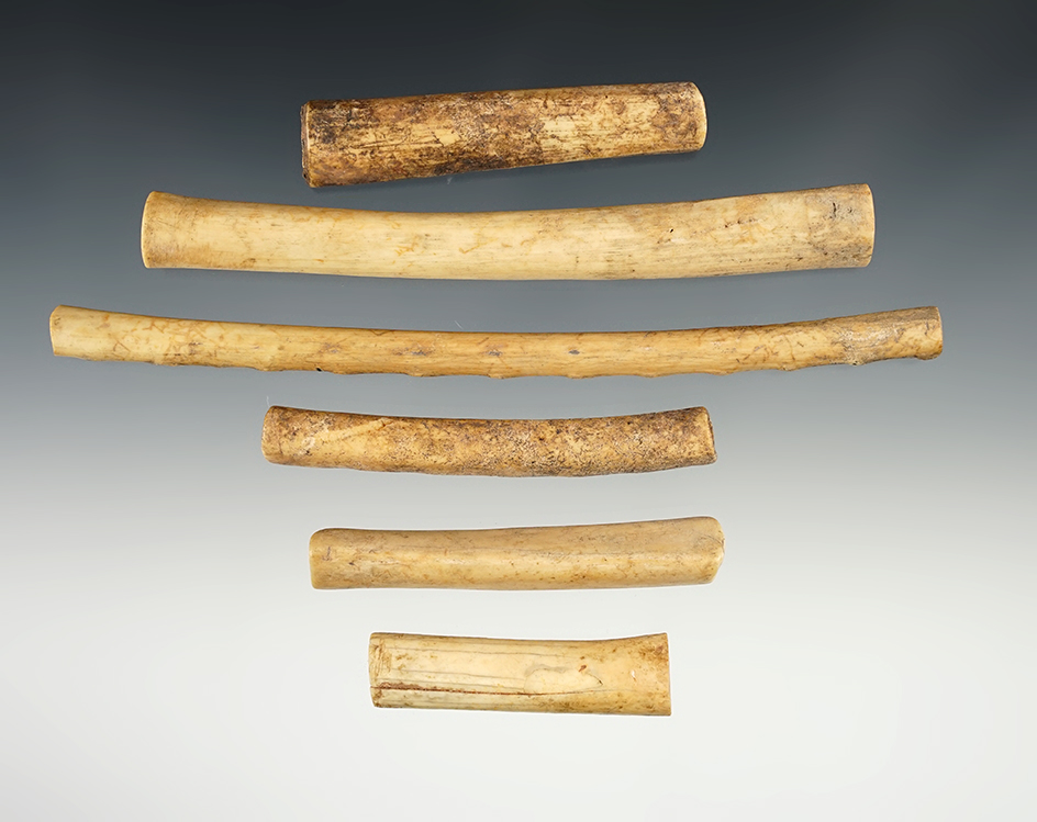 Set of 6 Bone Tube Beads found in New Mexico. The largest is 5 3/4".