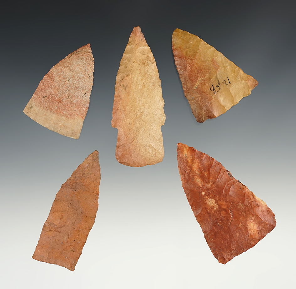 Set of 5 colorful points found in the Tennesse & Mississippi area. The largest is 2 5/8".