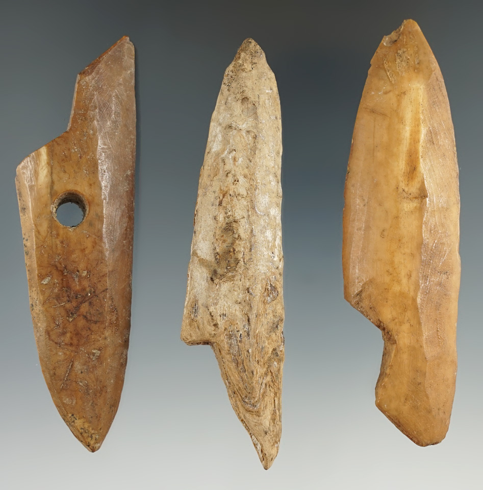Set of three Inuit harpoon toggle preforms, largest is 3 5/8".