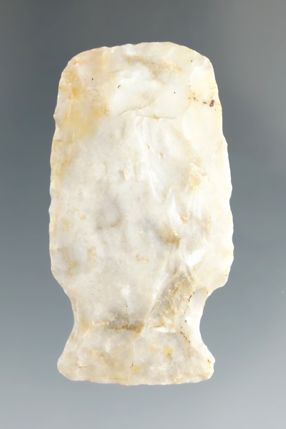 1 15/16" Flint chisel with a Hopewell style base made from Flint Ridge Flint found in Ohio.