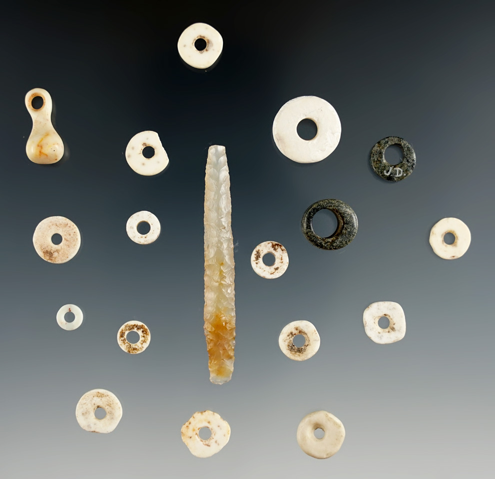 Group of artifacts including beads and an Agate drill that is 2" long -Gilliam Co., Oregon.