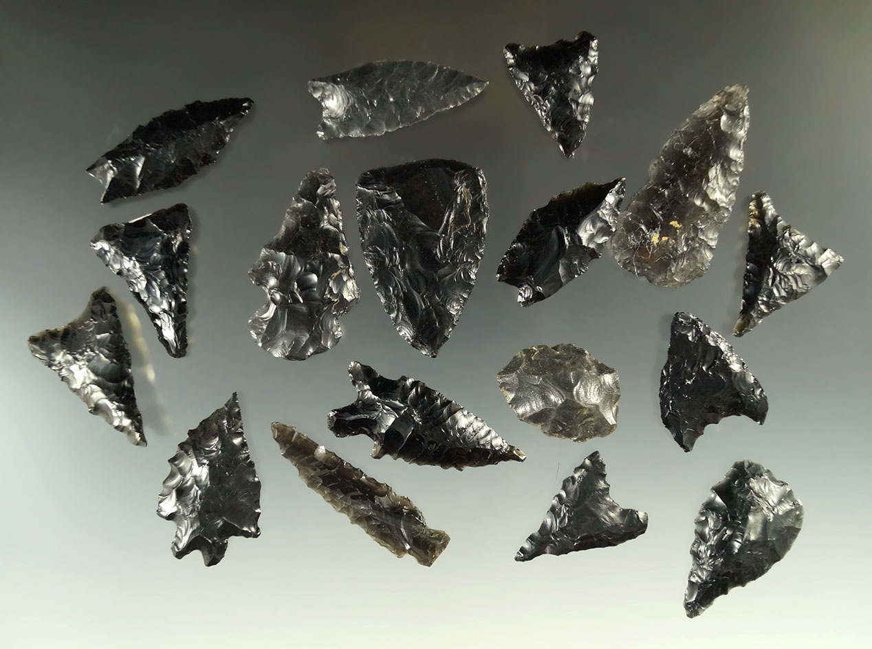 Group of 18 obsidian artifacts found in Oregon, largest is 2 1/8".