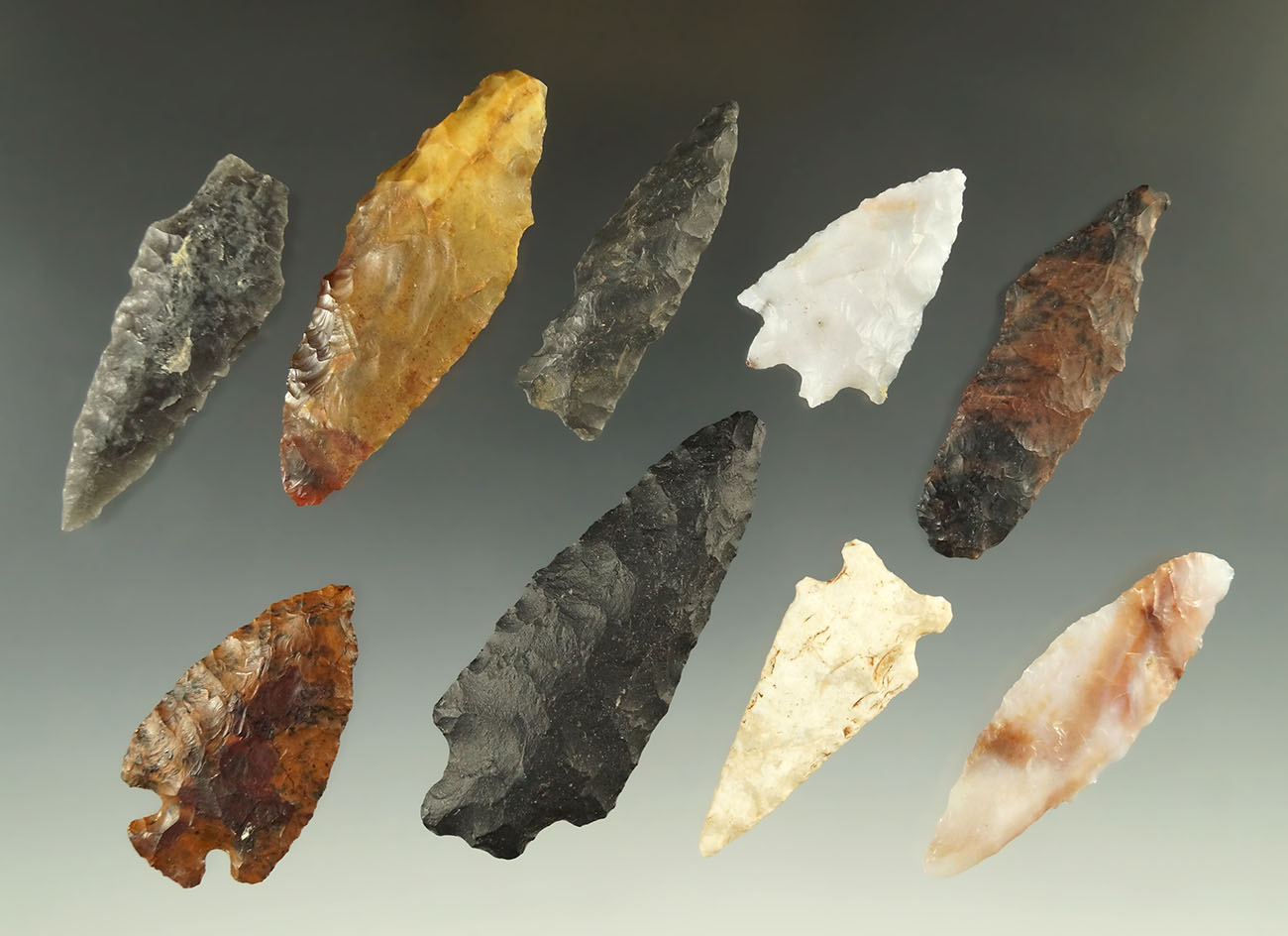 Group of nine attractive arrowheads found in Nevada, largest is 2 5/8".