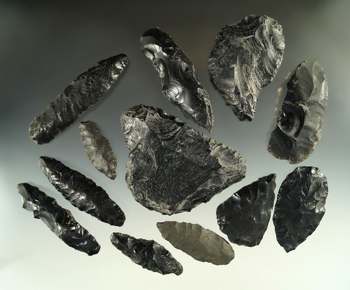 Set of 12 assorted obsidian artifacts found in the Great Basin area, largest is 3 3/8".