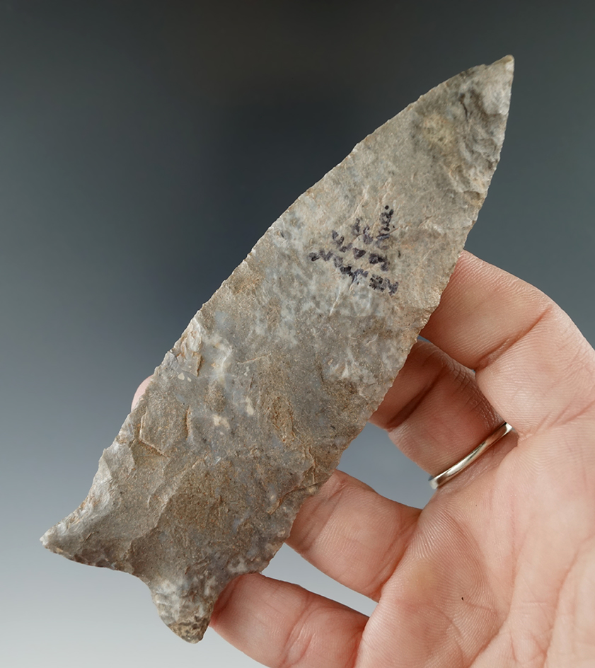 4 1/2" Dalton made from Keokuk Chert found in Newton Co., Arkansas. Comes with a Perino COA.