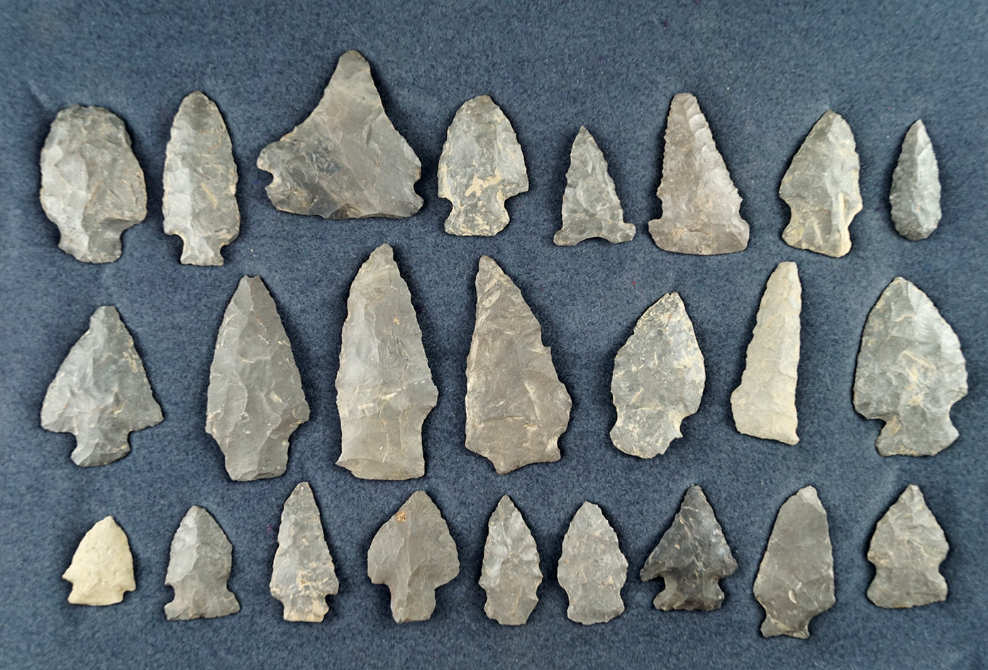 Group of 24 archaic points found in the upper Susquehanna, Otsego County NY. Largest is 2 5/8".