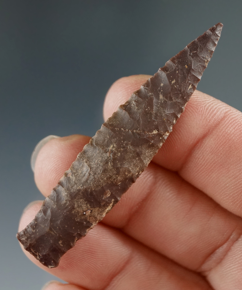 Exceptional flaking on this 2 1/4" brown Jasper Lanceolate  point within an  auriculated base - Utah