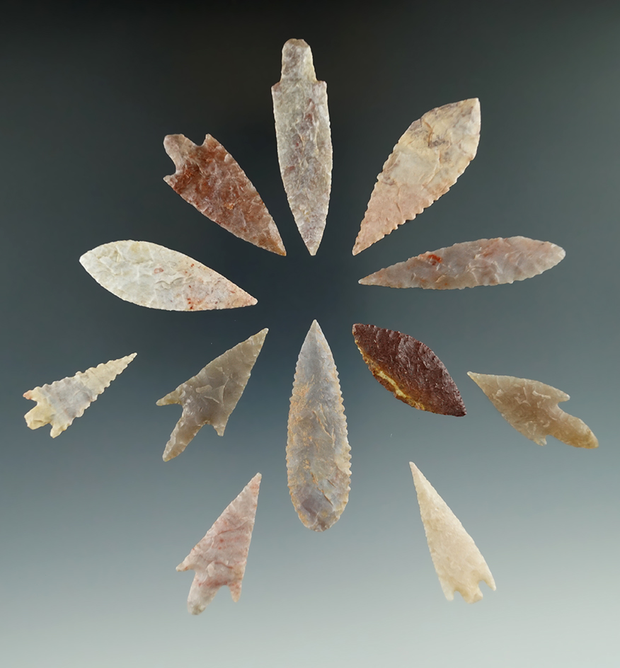 Set of 12 Neolithic African arrowheads found in Northern Sahara Desert Region. Largest is 2".