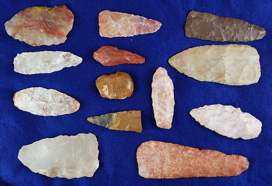 Set of 13 assorted flake tools and knives found in Utah, largest is 4 5/8".