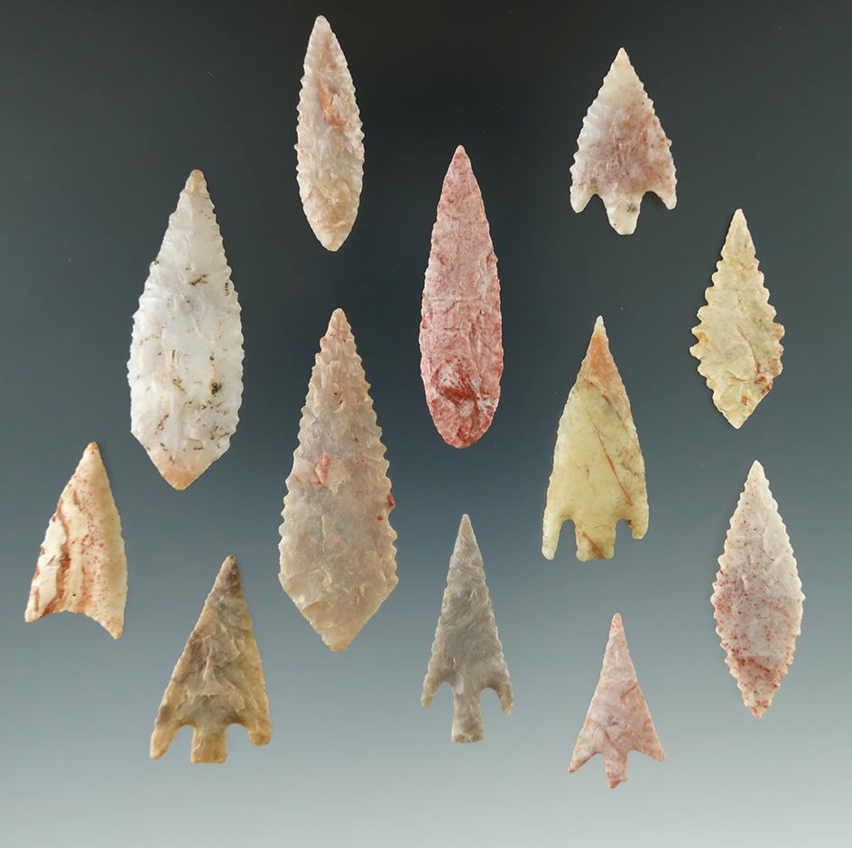 Set of 12 African Neolithic arrowheads from the Northern Sahara Desert Region, largest is 2".