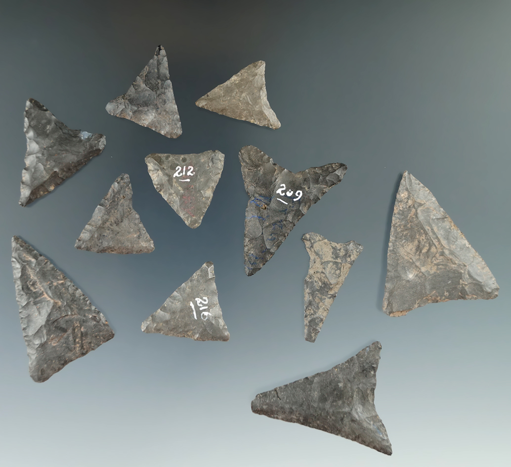 Set of 11 Levanna points found near the upper Susquehanna, Delaware County NY. Largest is 1 11/16".