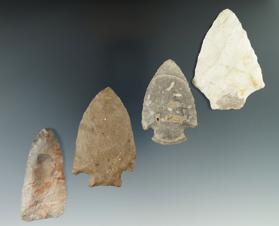 Set of four assorted flint knives found in Michigan, one is Paleo. Largest is 2 11/16".