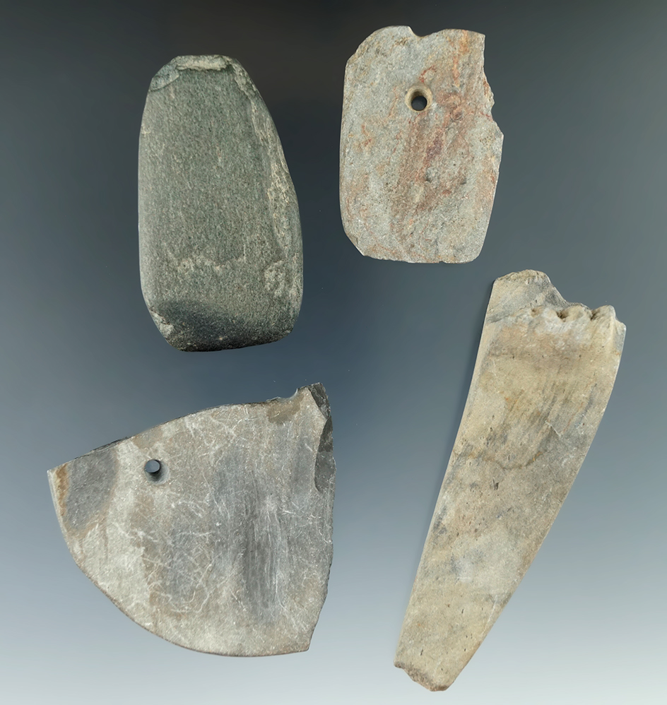 4 damaged Slate Artifacts and a 2 3/8" Celt found near the upper Susquehanna, Otsego County NY.