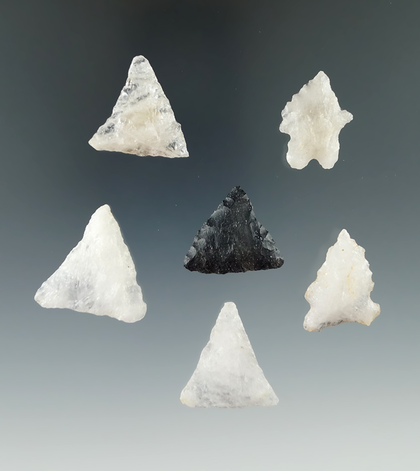 Group of six assorted New England and Virginia arrowheads, most are quartz. Largest is 1 1/8".