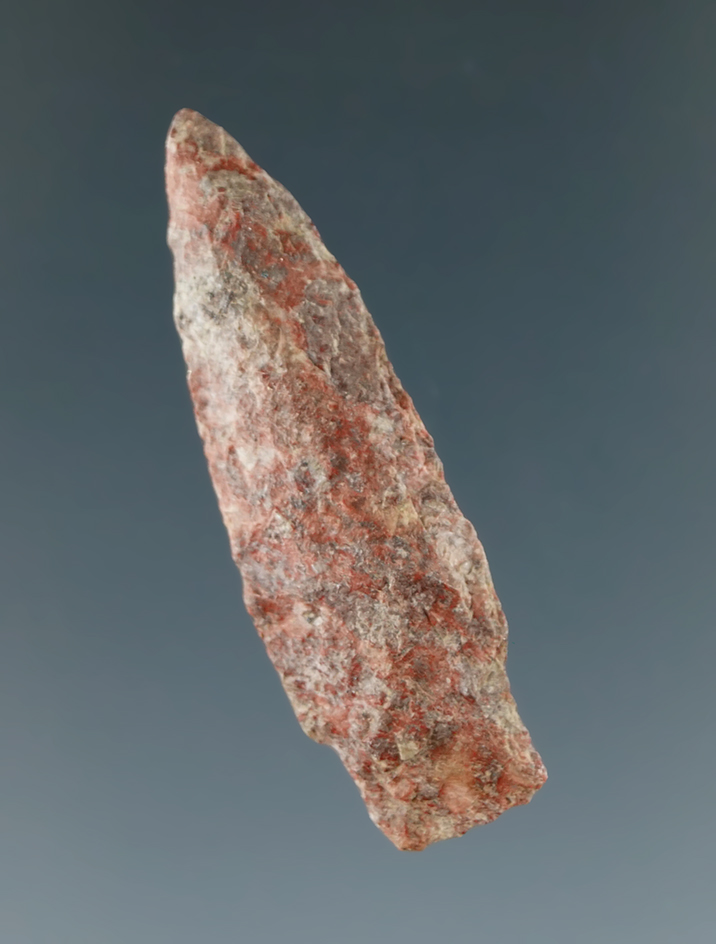 Colorful 1 11/16" stemmed point found near Canton, Massachusetts. Ex. A. Lowery, Joe Finneran.