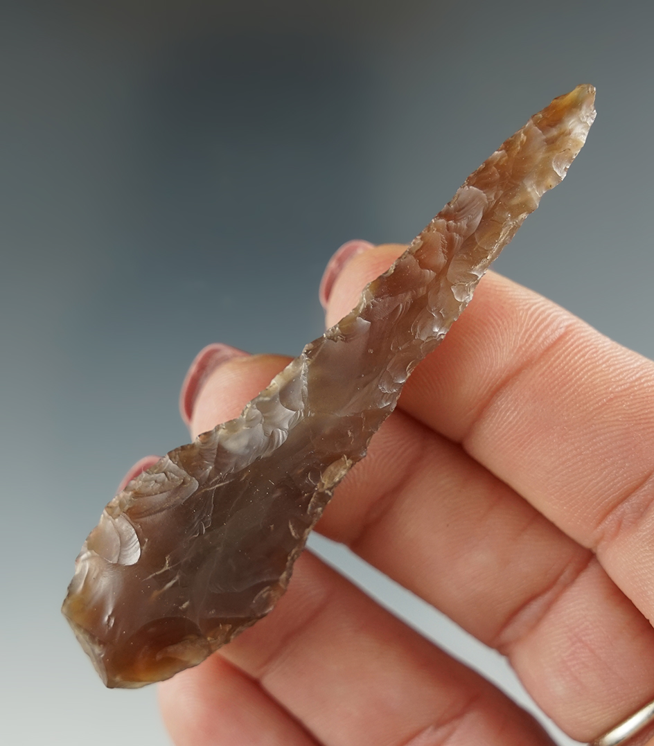 2 15/16" Drill made from translucent caramel Agate. Found near the Columbia River, OR.