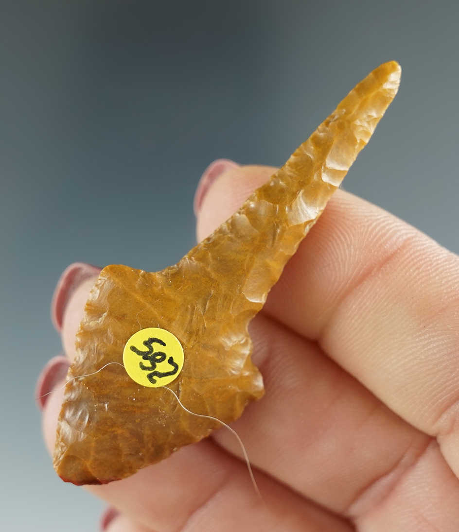 2 1/4" Drill made from yellow Jasper. Found near the Columbia River, OR. Pictured in Overstreet 8