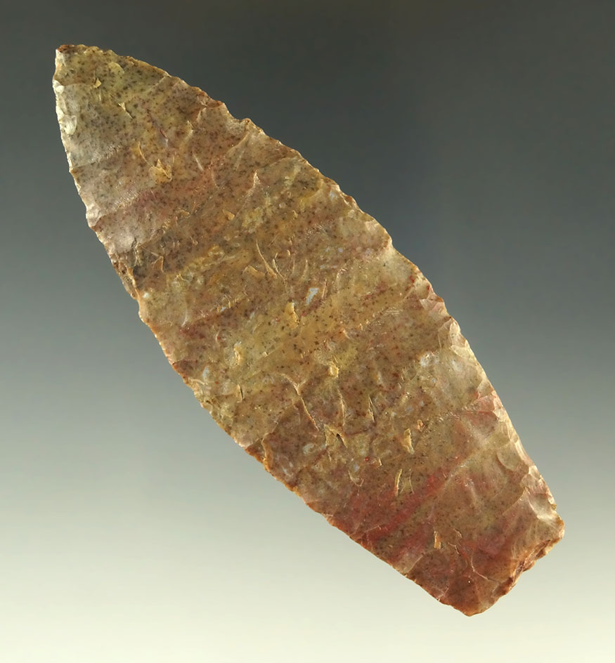 3 1/2" Agate Basin that is exceptionally well flaked from attractive mottled material - Colorado.