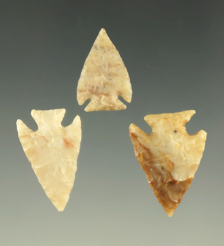 Set of three nice Kansas arrowheads, all very nicely flaked. Largest is 15/16".