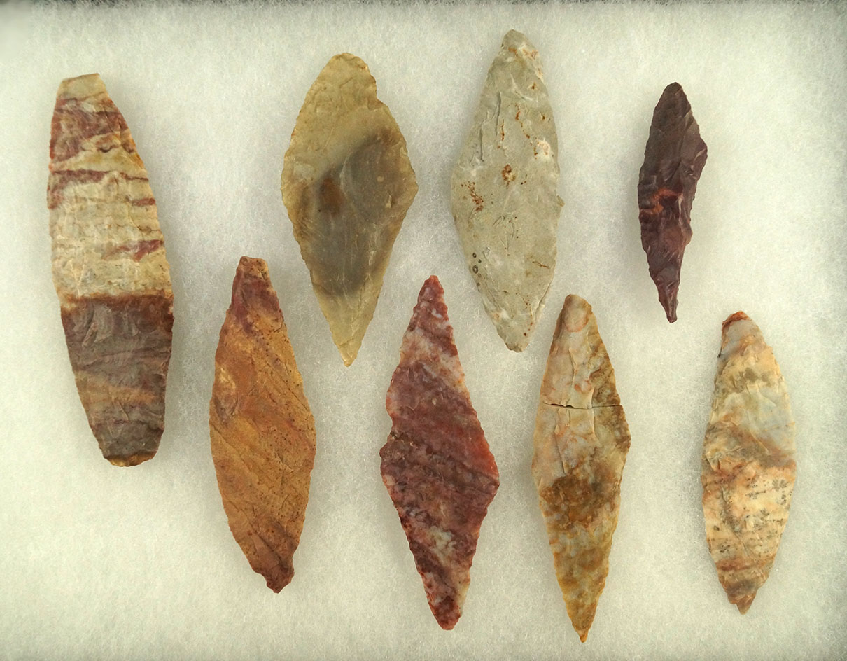 Set of eight Harahey Knives found in the Kansas area, one is broken and glued.