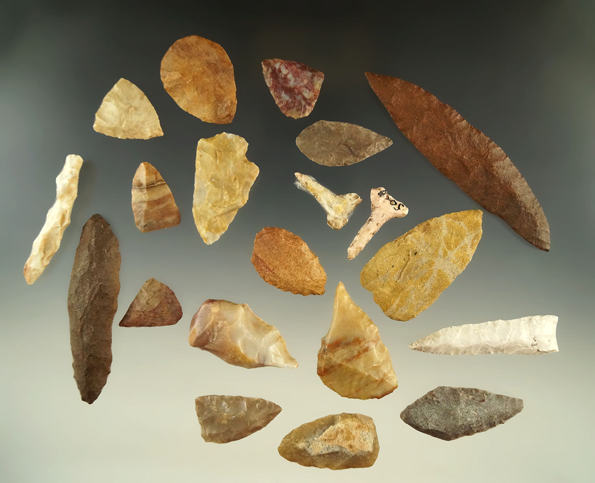 Large group of 20 assorted points and tools found in Kansas, largest is 2 3/4".