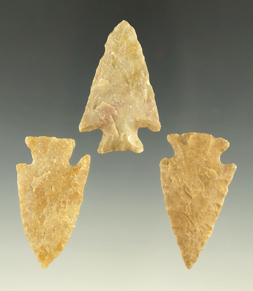 Set of three arrowheads found in Kansas, largest is 1 11/16".