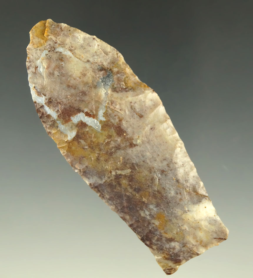 Nicely made and colorful! 3 3/16" Agate Basin found in southwestern Kansas. Deaccession Cert.