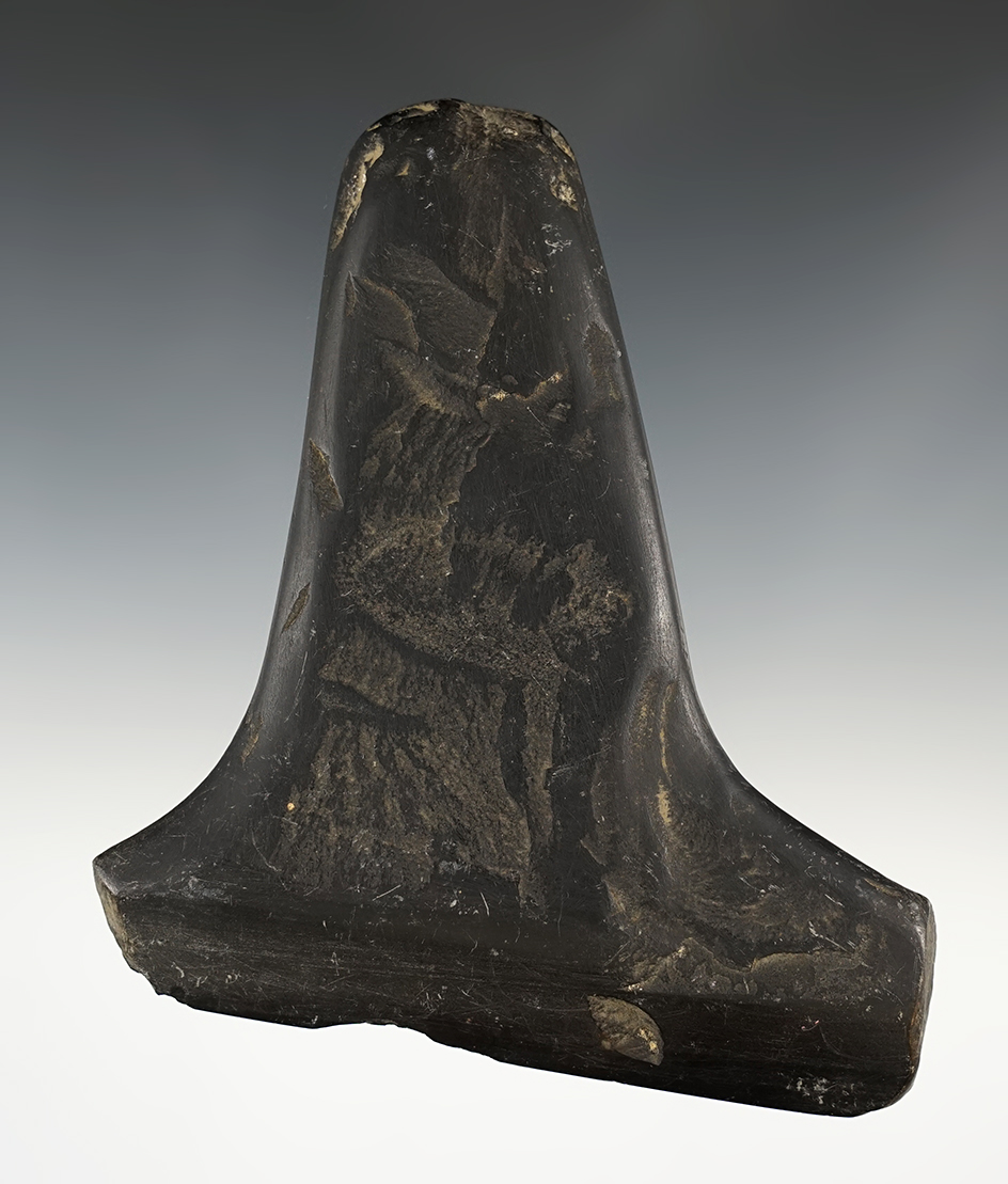 5 1/8" x 4 5/8" Unusual black stone Celt found by Lester Tolliver in a rock shelter in Hocking Co.,