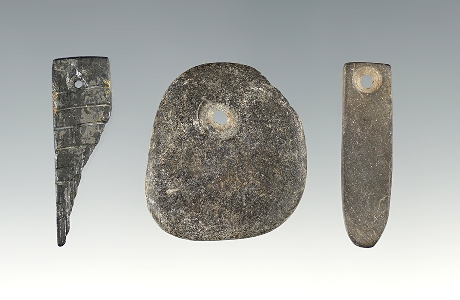 Set of 3 nice drilled Stone Pendants found in Umatilla, Oregon. The largest is 1 3/16".