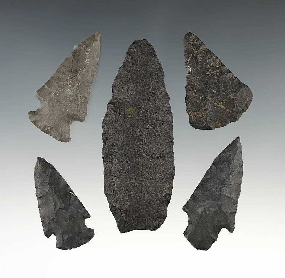 Set of 5 nicely patinated Basalt points found in New Mexico. The largest is 3 1/8".