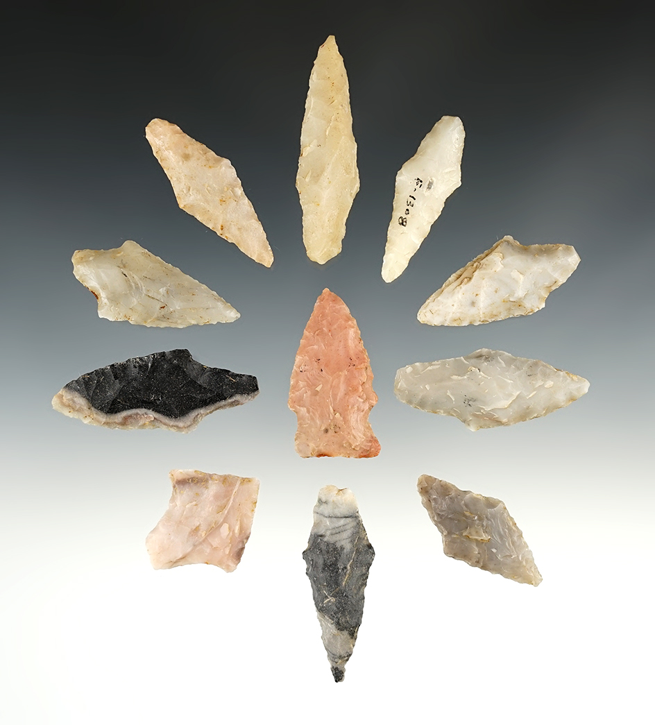 Set of 11 nice Novaculite points found in Arkansas. Ex. Sam Dickinson collection.