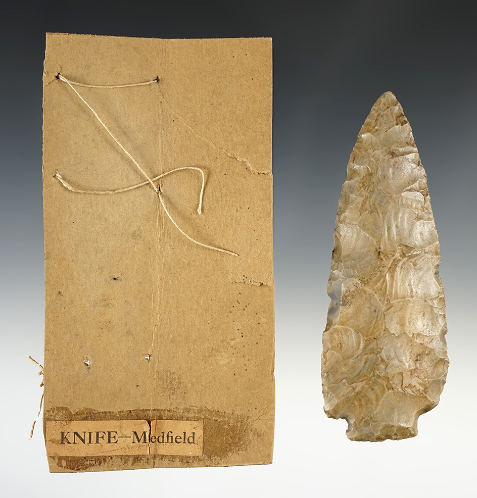 4 1/2" heavily patinated Knife - Medfield, Massachusetts. Comes with an early collectors tag.