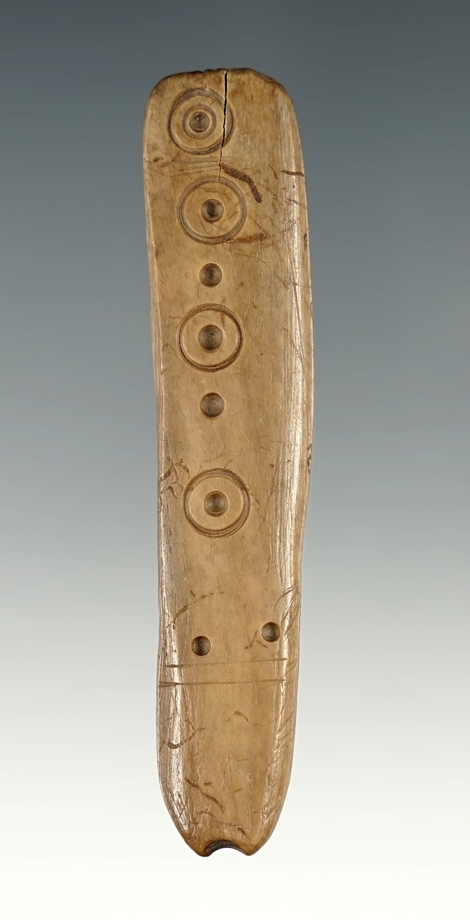 Engraved and highly detailed 2 3/4" Bone artifact that is heavily polished. Found in Southeast OR.