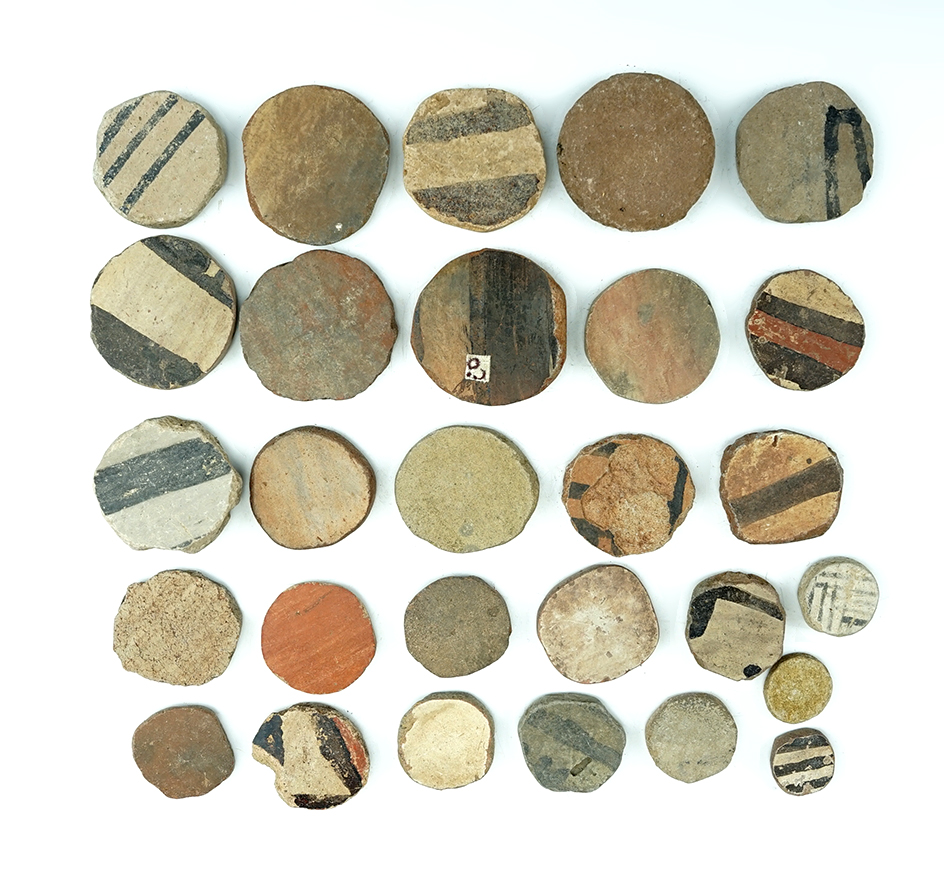 Set of 28 anciently salvaged pottery shards in various shapes. All found in New Mexico. The largest