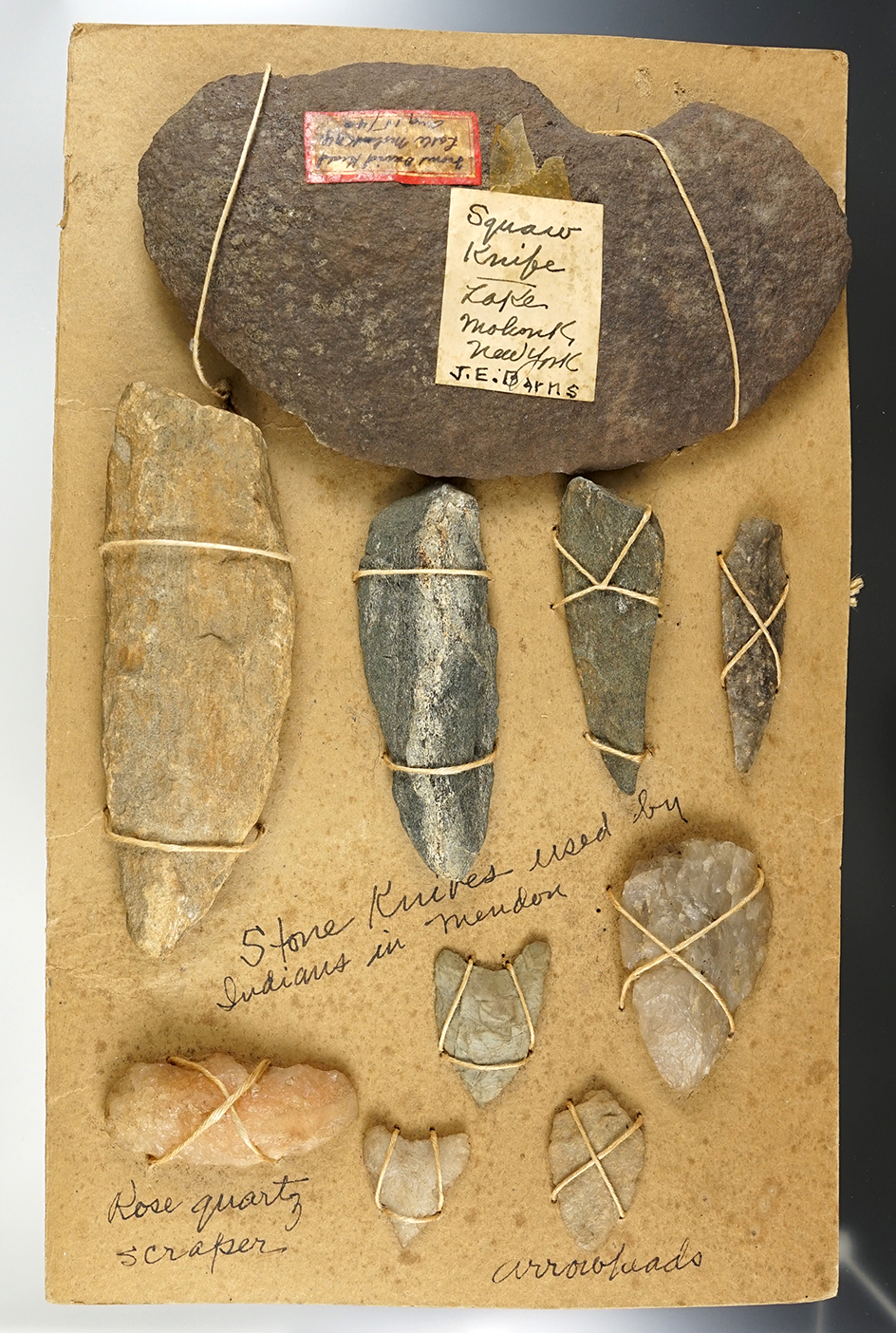 Lot of 10 assorted artifacts found in Mendon, New York that are tied to on old collecter card.