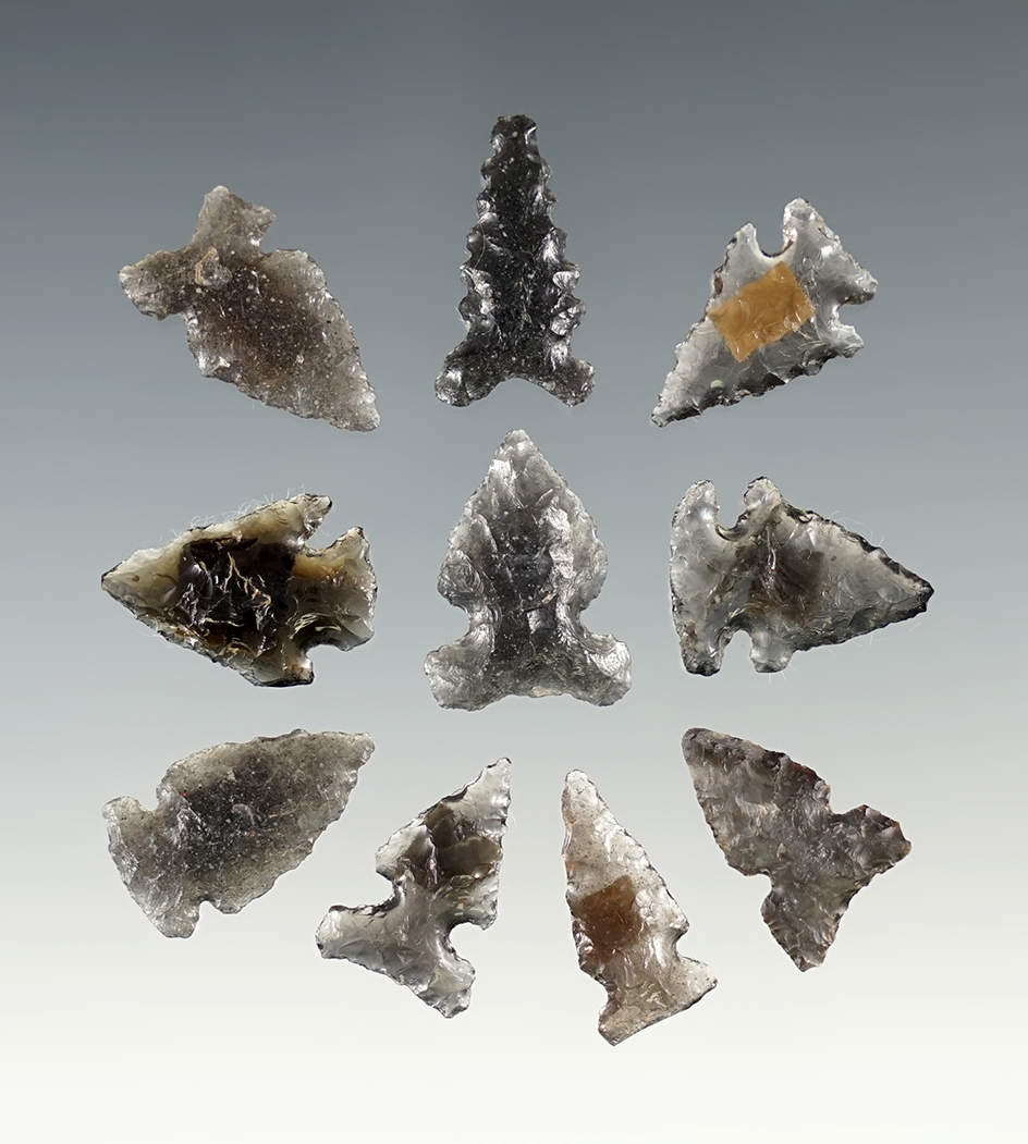 Set of 10 Obsidian points found in New Mexico. The largest is 13/16".