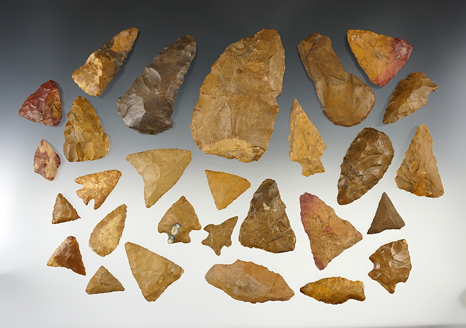 Set of 28 Jasper points and Tools found in Maryland. The largest is 3 1/4".