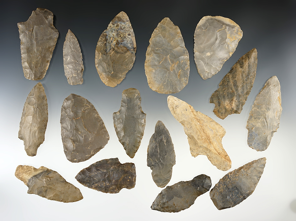 Set of 16 points found in Harrison Co., Indiana by the Bob Crosier family. The largest is 3 1/2".