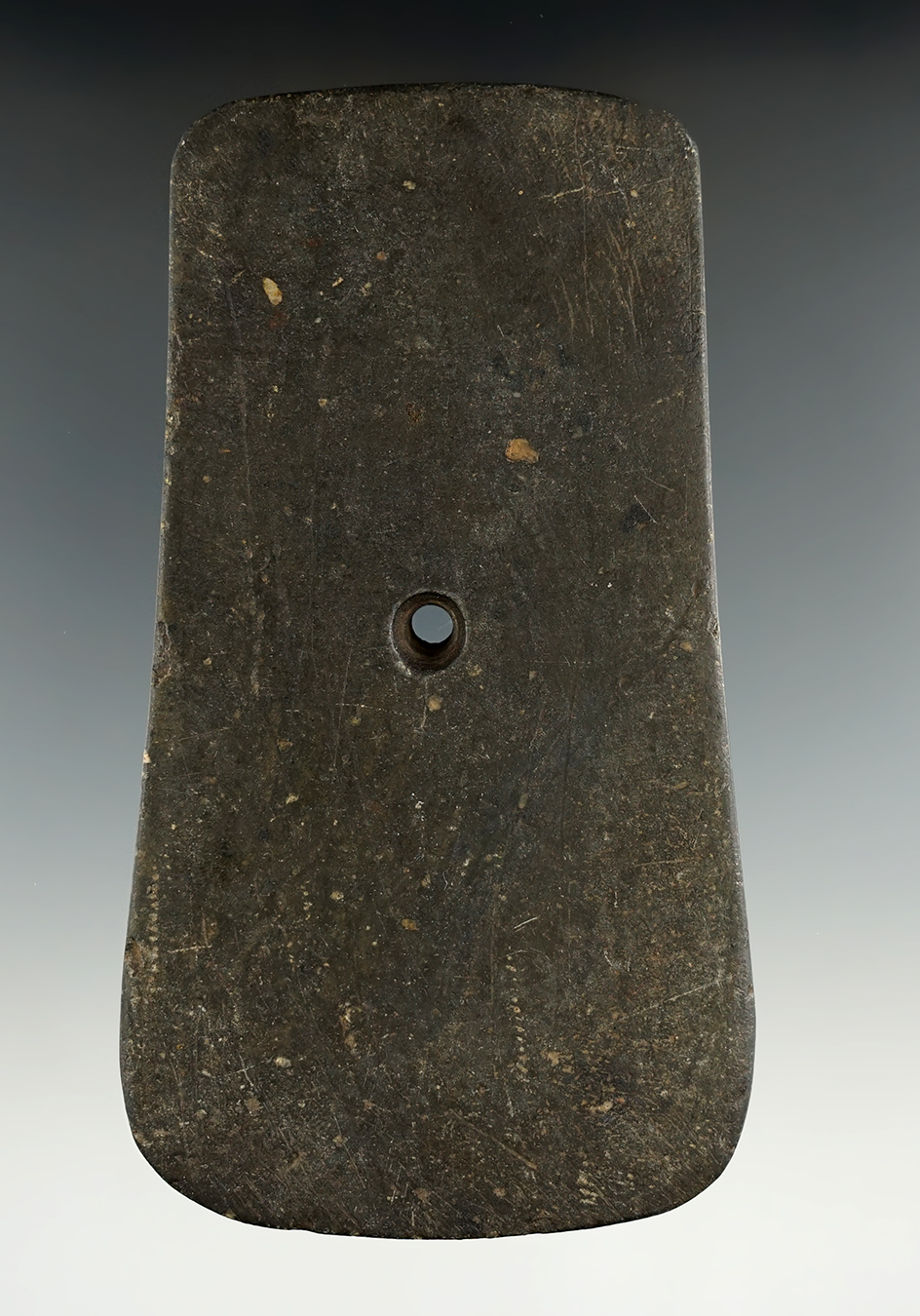 Heavily patinated and nicely styled 4 7/8" Adena Keyhole Pendant found in Howard Co., Indiana.