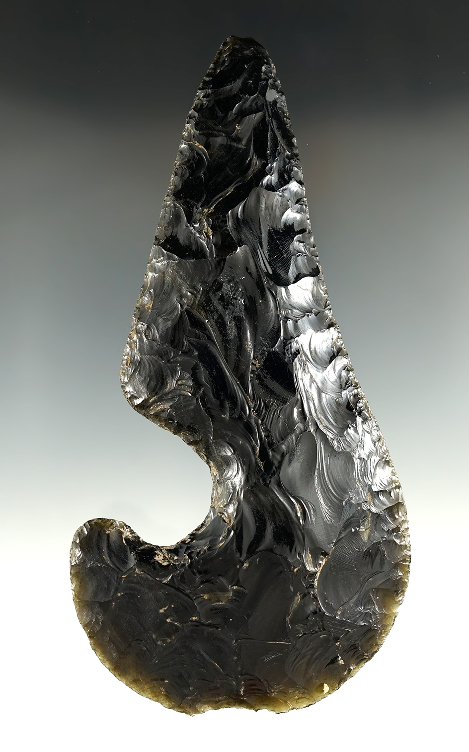 Rare and nice! 6 3/4" beautifully flaked Aztec sacrificial Knife made from green-sheen Obsidian