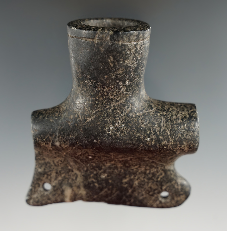 2 3/4" x 3 3/16" Tall Steatite Mic Mac Pipe with good coloring.  Found in Marion Co., Ohio.