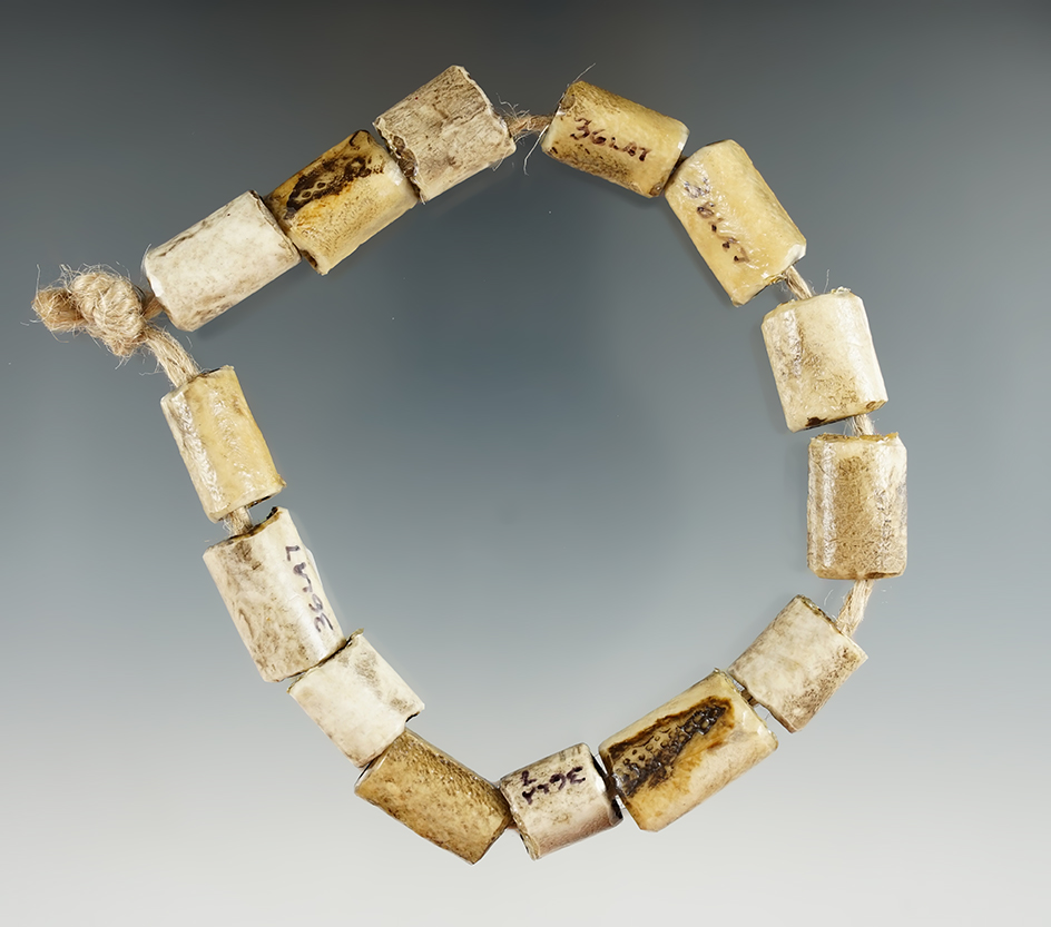 Unique 10" long strand drilled bone tube bead necklace found in Lancaster Co., Pennsylvania.