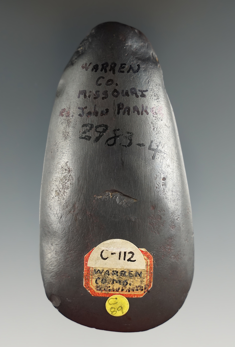 Highly polished 3 7/16" Hematite Celt found in Warren Co., Missouri. Ex. Don Magnani.