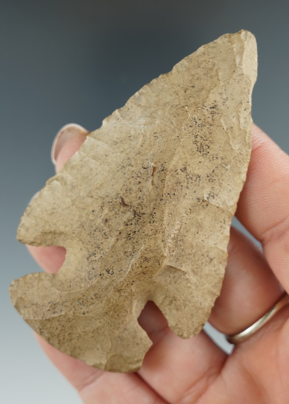 3 3/16" Archaic Thebes found in Hamilton Co., New York. Ex. Jacobus collection.